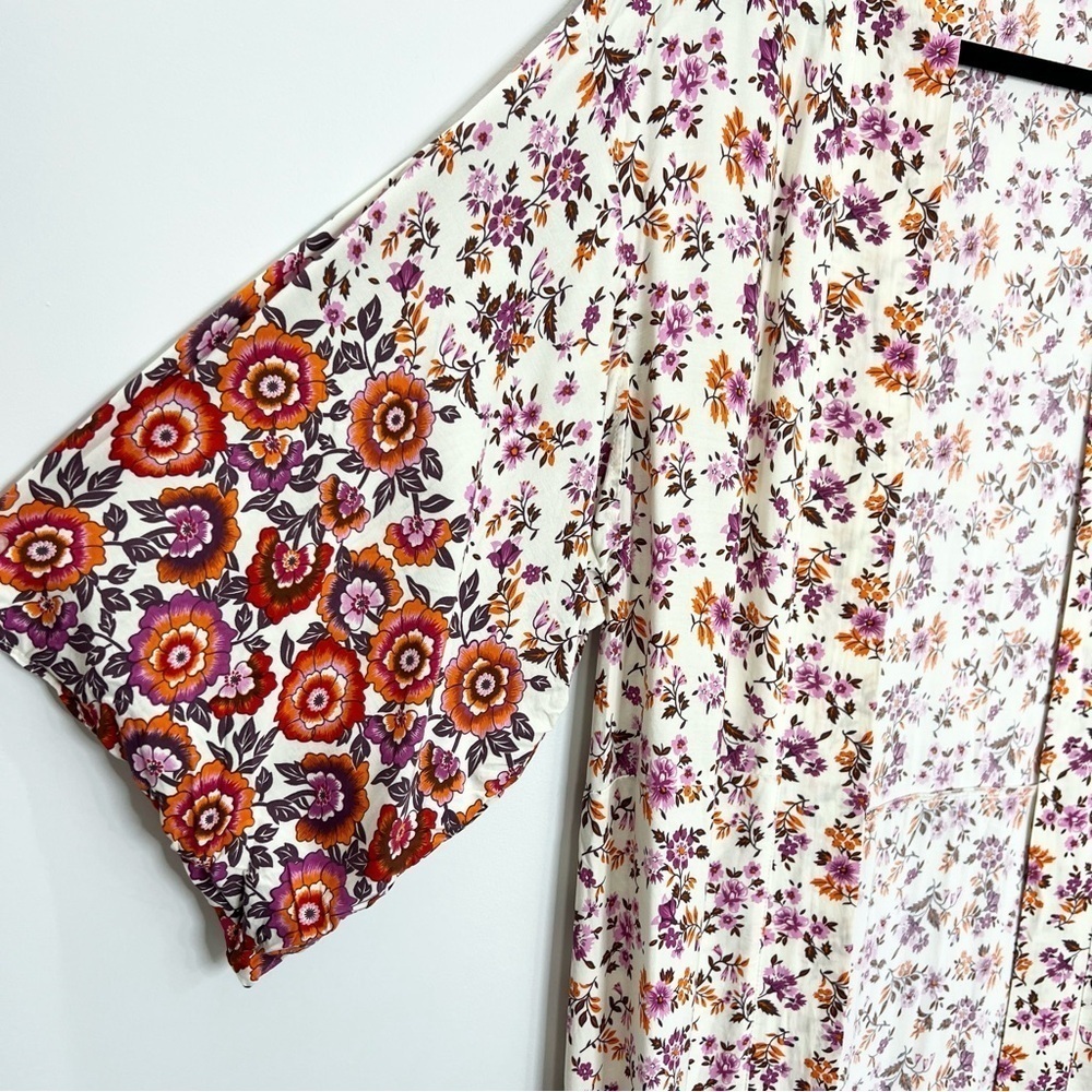 Beige boho cottagecore cotton floral kimono sleeve jacket duster robe - Picture 12 of 13